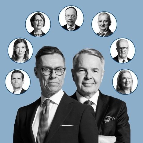 Kahden poliitikon muotokuva ja kuusi pienempää ehdokaskuvaa sinisellä taustalla